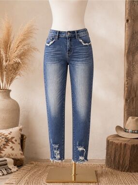 Kancan Jeans Size 30 Intentionally Distressed Medium Wash Skinny Straight Denim